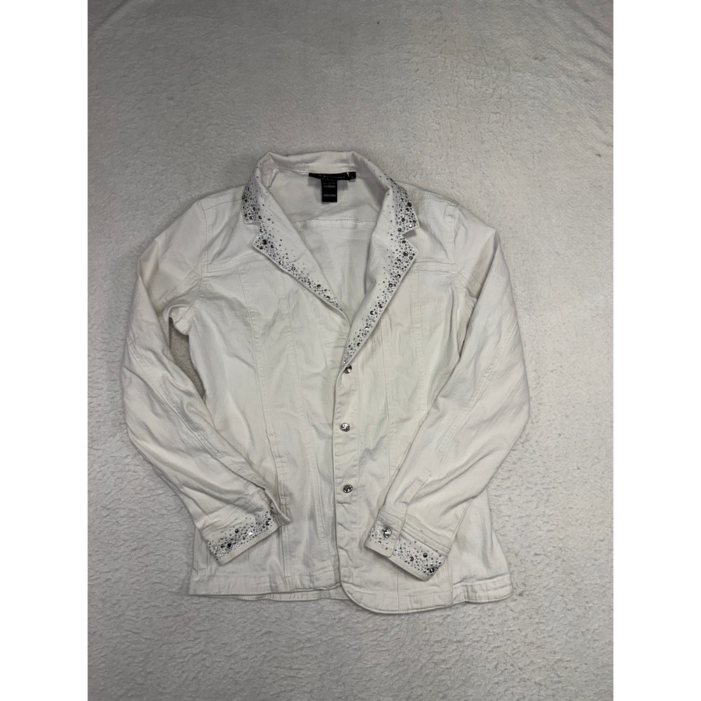 Christine Alexander White Denim Rhinestone Embellished Blazer Jacket Womens M